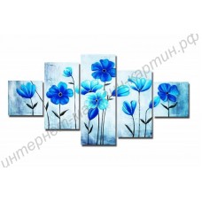 Модульная картина из 5 секций: набор синих цветков, выполненная маслом на холсте